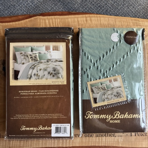 Tommy Bahama Serenity Palms Aqua Euro Shams 26x26 Set of‎ 2 100% Cotton NOS